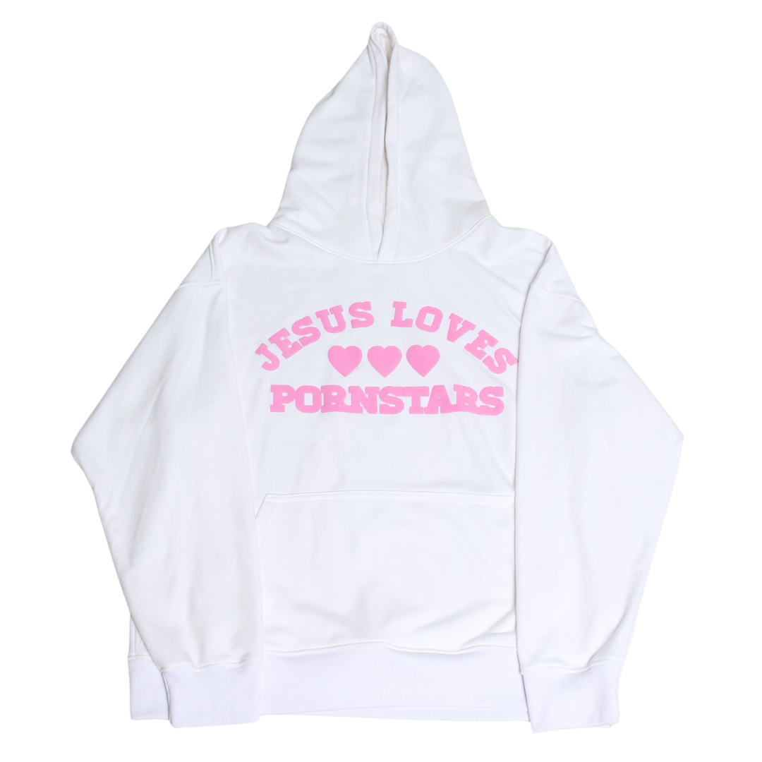 JESUS LOVES PORNSTARS HOODIE PINK/WHITE